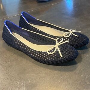 Rothy's Black Knit Ballet Flats with Cream Bow Trim